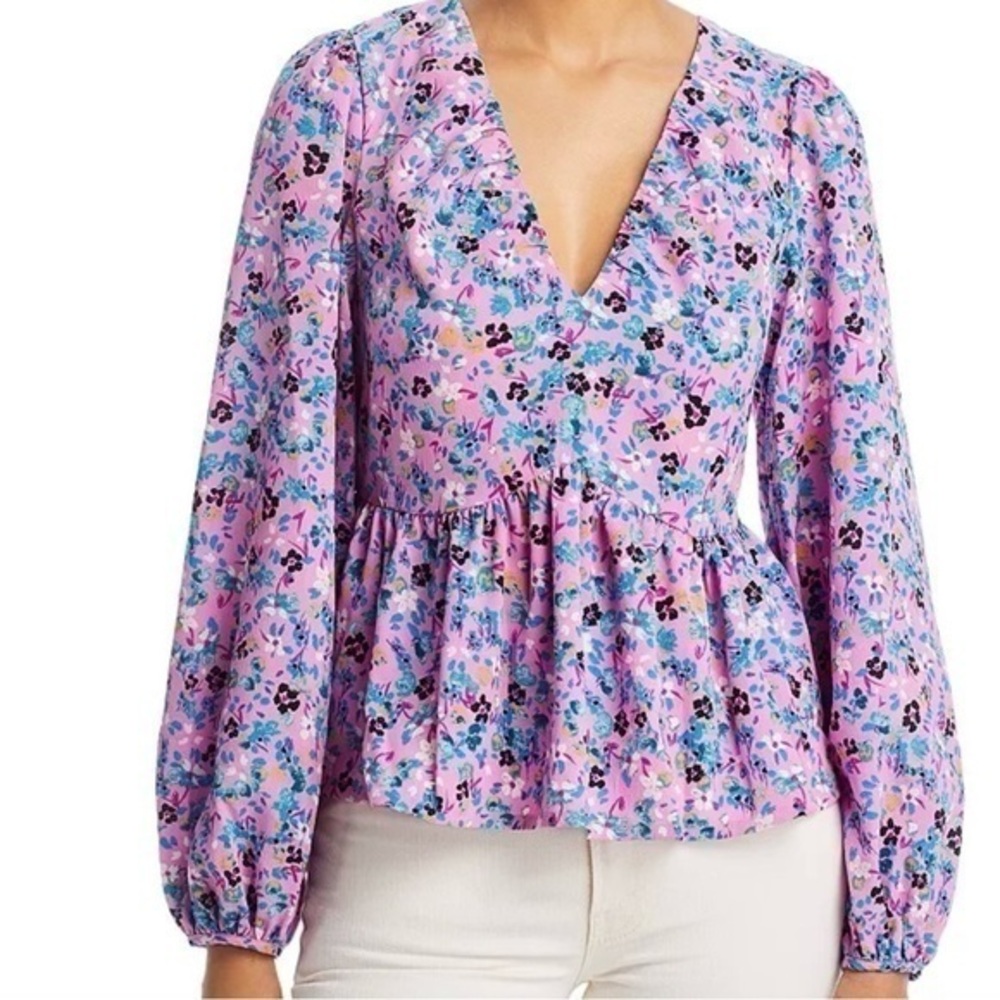 Like New Vero Moda Sz 20 Lucia Floral Print Top Purple V-Neck Long Puff Sleeves